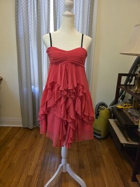 Ruffled Strapless Coral Dress with Black Spaghetti Straps